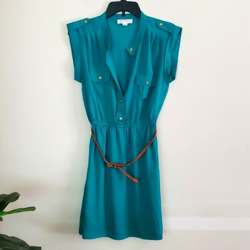 Forever 21 teal green dress, summer dress, belted dress, short sleeve, mini